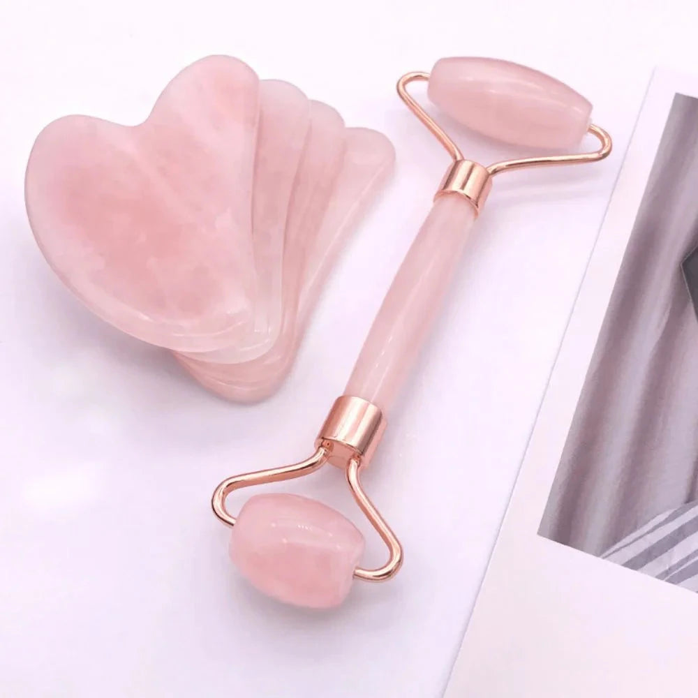 Roller facial de quartzo rosa com gua sha massageador facial
