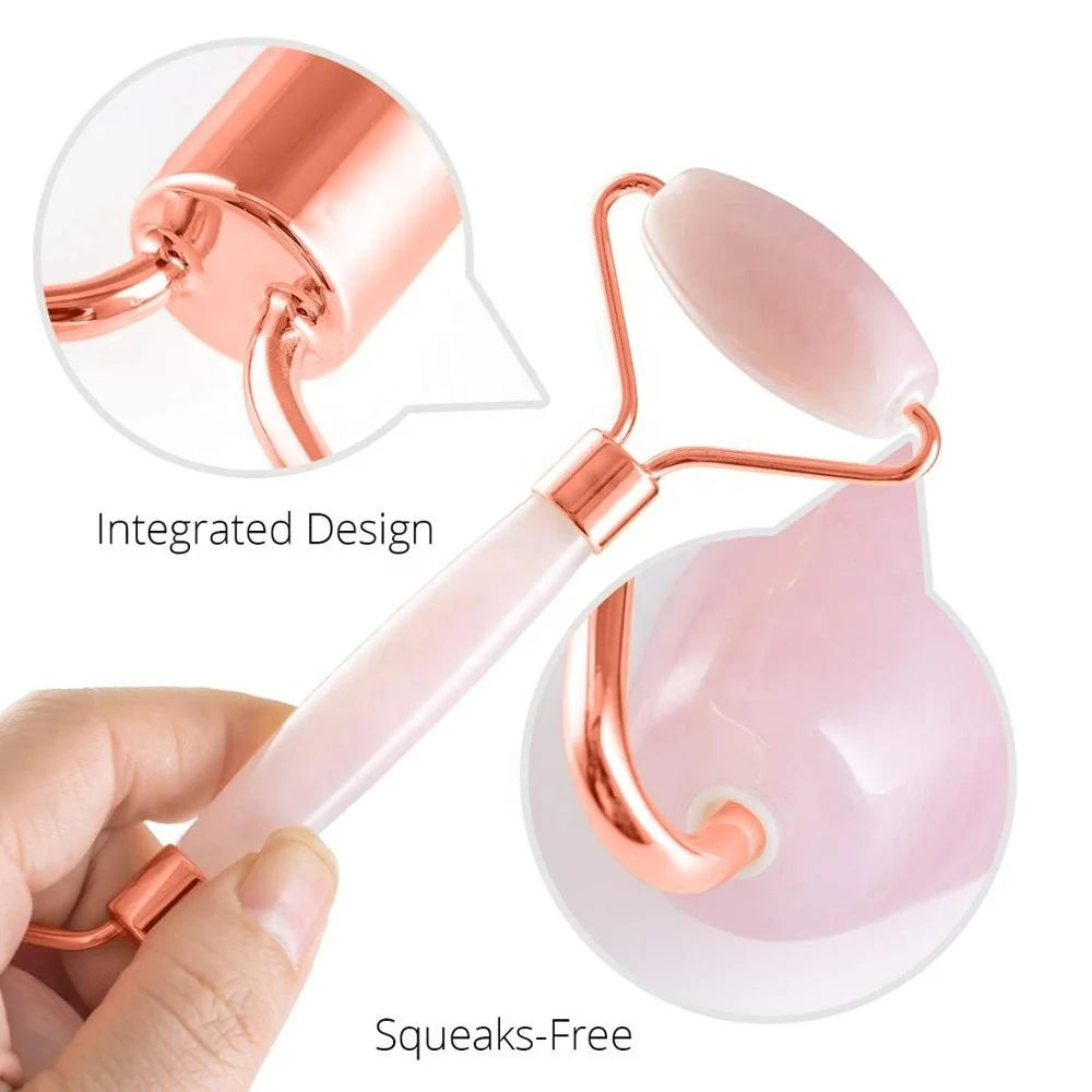 Detalhe do roller facial de pedra quartzo rosa
