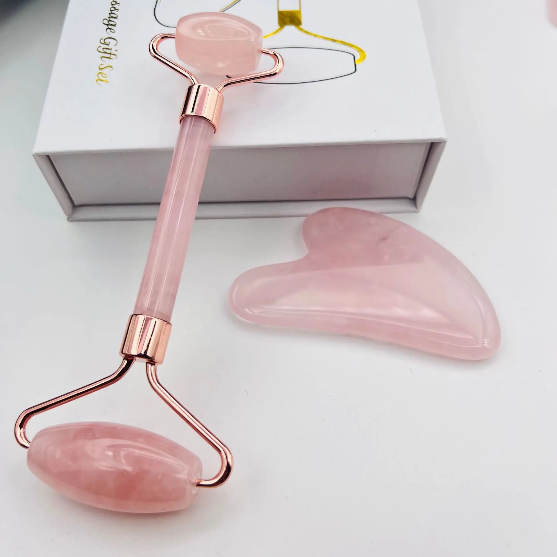 Rose Quartz Powder Crystal Jade Roller Massage Spa Pink Face
