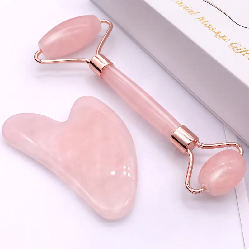 Rose Quartz Powder Crystal Jade Roller Massage Spa Pink Face
