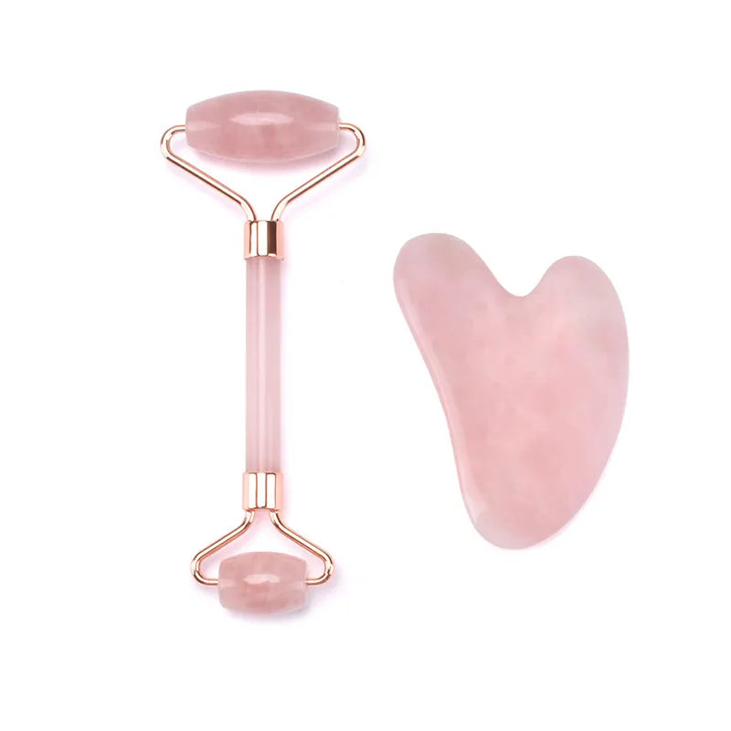 Kit completo roller e gua sha de quartzo rosa natural
